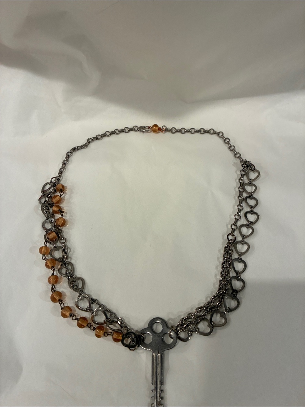 Heart Link Key Pendant Necklace with Amber Beads